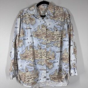 Vintage Banana Republic Map Travel Cotton Long Sleeve Button Up Shirt Womens Med